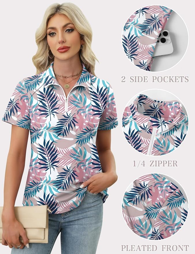 LOMON Womens Golf Polo Shirt Summer Short Sleeve Quarter Zip Outfit | Side-Pockets,Princess Seams,Cotton,Wrinkle Free,Moisture Wicking,Quick-Dry,Lightweight,Collared,for Tennis Workout