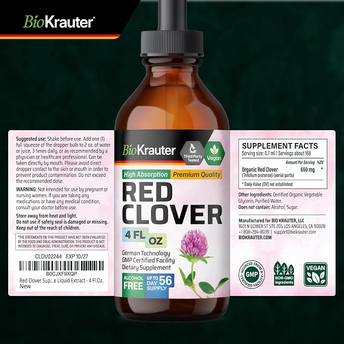 BIO KRAUTER® Perimenopause & Menopause Supplements for Women* - Red Clover Supplement 4 Fl.Oz 56-Day Supply - Vegan Red Clover Extract for Menopause Support & Women's Wellness - Alcohol & Sugar Free
