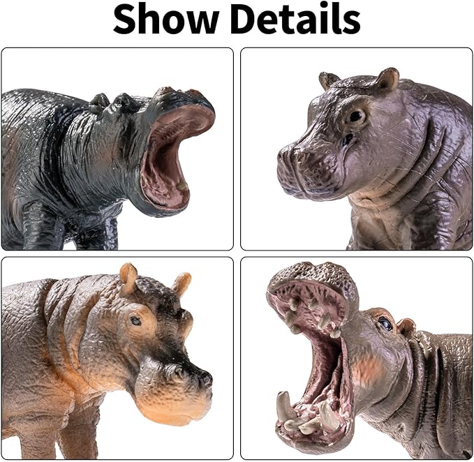 Safari Hippo Animals Toys, 4PCS Plastic Wild Animals Family Figures Toy for Kids Ages 3-5 Includes Hippopotamus and Cubs, Cake Toppers Birthday Gift Party Favors for Boys Girls