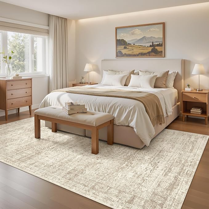 Soalmost 6x9 Area Rug for Living Room Washable Rugs Non-Slip Beige | Low-Pile Vintage Carpet for Dining Bedroom, Foldable Thin Stain Resistant Floor Mat Under Table Home Office Nursery Decor