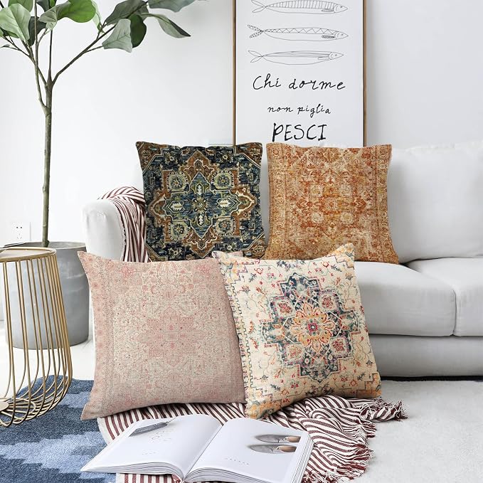 Boho Throw Pillow Covers 20x20 inch Set of 2,Bohemian Vintage Carpet Pattern Antique Ethnic Decor Double Sided Pattern Cushion Cover Soft Pillow Case Living Sofa Room Bed Square Pillow Cover