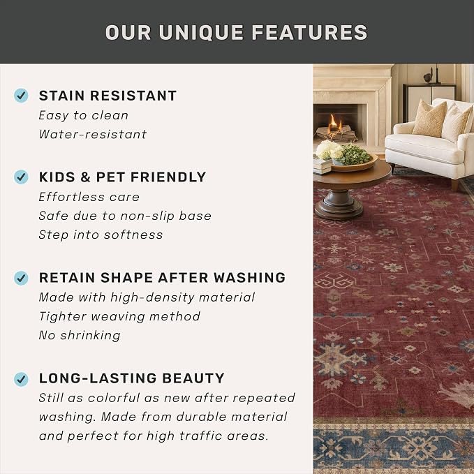 Burgundy 3x10 Long Runner Rug for Hallway - Washable Large Kitchen Rug, Low Pile Thin Carpet for Bedroom Bedside, Foyer, Non Slip Unique Bohemian Red Décor