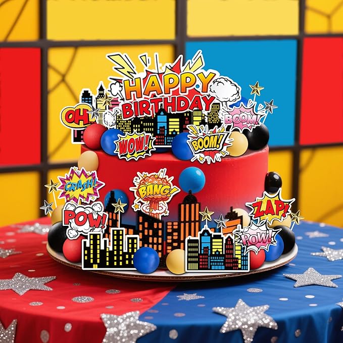 46 PCS Superhero Cake Topper - Happy Birthday Decorations for Hero Themed Party Supplies - City Cake Decor (blue)