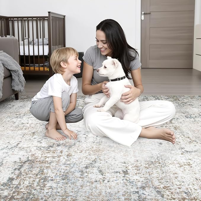 Round Area Rug for Living Room: 5 ft Washable Modern Abstract Soft Thin Rug Indoor Floor No Slip Stain Resistant Carpet for Bedroom Dining Room Farmhouse Nursery Home Office - Brown Grey