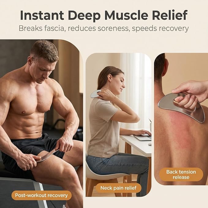 Stainless Steel Gua Sha Muscle Scraping Tool, Ergonomic Body Massage Scraper with Smooth Curved Edge, Handheld Manual Massager for Neck, Shoulders, Back, Arms and Legs, Includes Storage Pouch