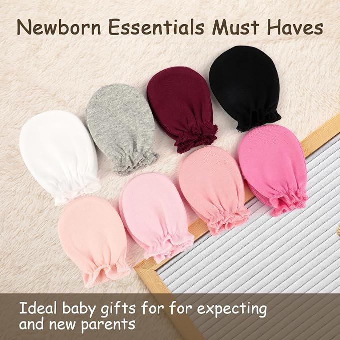 8 Pairs Baby Mittens No Scratch, Skin-friendly Cotton Newborn Infant Gloves, Baby Girl Boy Must Haves Essentials 0-6 Months