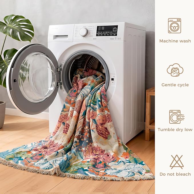 LUTBM Boho Throw Blanket for Bed 60"x80", All Season Cotton Couch Blankets | Reversible Botanical Floral Jacquard, Lightweight Breathable Twin Quilt, For Chair Sofa Living Room Bedroom, Home Decor