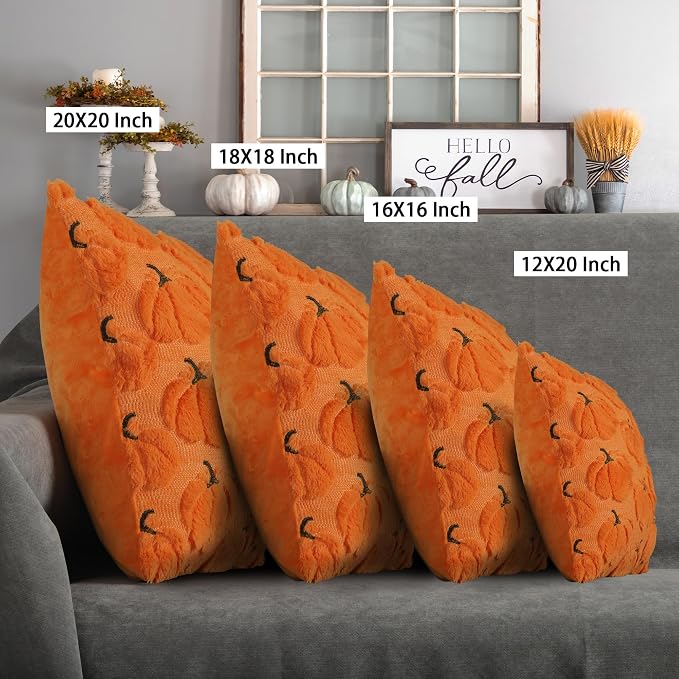 Fall Pumpkins Decorative Pillow Covers 20x20 Set of 2, Orange Soft Plush Faux Fur Wool Farmhouse Throw Cushion Cases for Autumn Thanksgiving Holiday Home Decorations