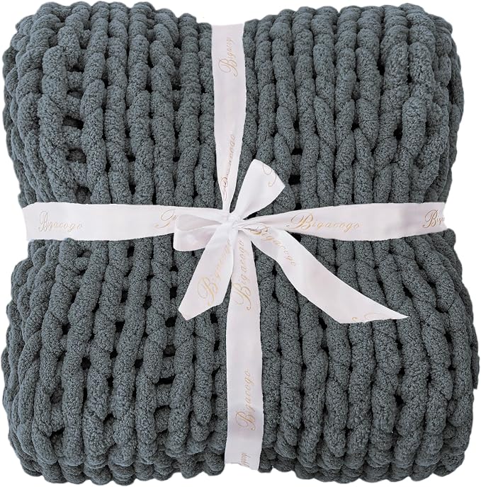 Bigacogo Chunky Knit Throw Blanket for Couch, 80x90 inches, Iron Gray | Hand Knit with Jumbo Chenille, Soft Breathable Cable Knit for Sofa Bed Living Room, Machine Washable, Gift for Mom Friend