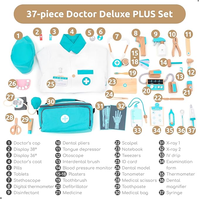 UMUยฎ Deluxe Wooden Doctor Play Set โ 37 Pcs Pretend Medical Kit with Stethoscope Dentist Tools Laptop & Accessories โ Doctor Role Play Toy for Kids Ages 3 4 5 6