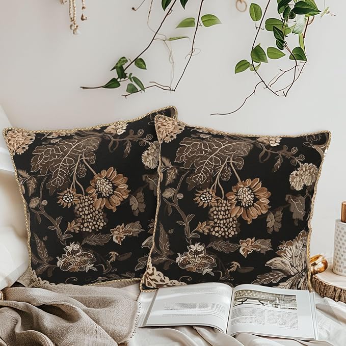 Vintage Black Floral Leaves Velvet Pillow Covers 16x16 Inch Brown Beige Tan Boho Flowers Throw Pillows For Couch Cushion Covers Pillowcase Farmhouse Bohemian Pillow Cases for Sofa Bed Bedroom