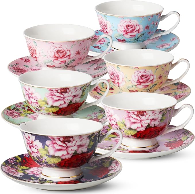 BTaT- Floral Tea Cups and Saucers, 8 oz, Fine Porcelain Teacup Set with Gold Trim for Afternoon Tea, Weddings, Parties & Gifting, Dishwasher Safe, Lightweight, Non-Toxic, Set of 6