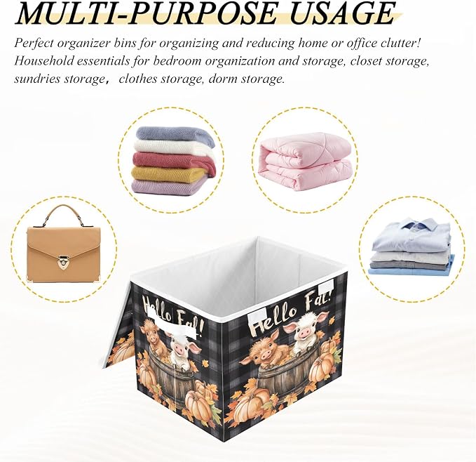 Cute Highland Cow Storage Bins with Lids and Carrying Handle,Foldable Storage Boxes Organizer Containers Baskets Cube with Cover for Home Bedroom Closet Office Nursery