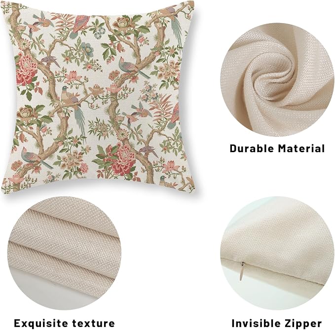 Chinoiserie Pillow Covers 20x20 Set of 2 Pink Green Bird Floral Throw Pillows Vintage Pink Flower Bird Decorative Pillow Cases Outdoor Chinoiserie Decor Farmhouse Cushion Case for Couch Sofa