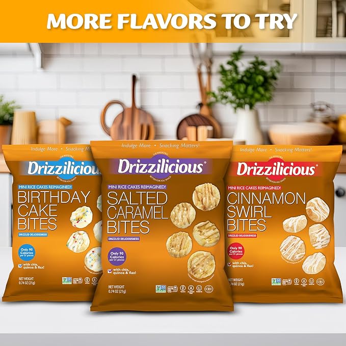 Drizzilicious Mini Rice Cakes Variety Pack- Rice Crisps, Healthy Snack for Adults and Kids, Flavored Rice Cakes, Vegan, Gluten Free Snack, Allergen Free, Only 90 Calories Per Bag- 0.74 oz (Pack of 12)
