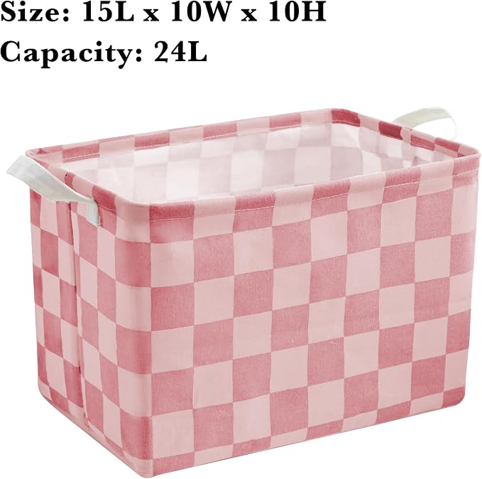 Ohocut Pink Coral Checkered Canvas Basket, Rectangular Organizing Decorative Storage Basket for Kids Dog Toy, Cute Aesthetic Race Cars Boy Room Decor for Home, Kitchen, Bedroom, Classroom, Shelves