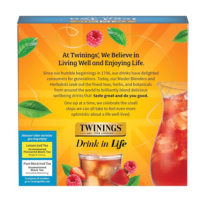 Twinings Strawberry & Raspberry Herbal Iced Tea, 72 Oversized Tea Bags, Makes 18 Pitchers or 144 Servings, Unsweetened, Naturally Caffeine-Free, 72 Count (Pack of 2)
