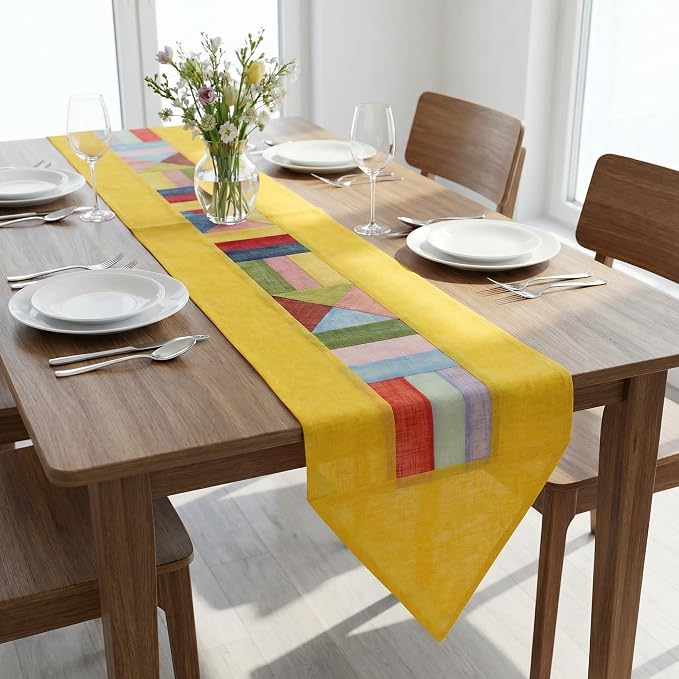 Korean Patchwork Table Runner – Traditional Bojagi Pattern, Lightweight Decorative Dining Table & Home Décor Accent for Living Room or Kitchen (Permanent Yellow) | Traditional Korean Textile 79 Inch Runner Natural Ramie Fabric Kitchen Table Decor Home ...