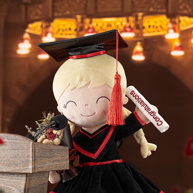 Gloveleya Graduation Plush Doll โ 16 Inch Baby Girl Gift with Cap & Gown, Keepsake Congratulation Present for Kindergarten & School Graduation, Soft Cloth Doll with Gift Bag