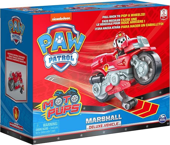 Paw Patrol, Moto Pups Marshall’s Deluxe Pull Back Motorcycle Vehicle with Wheelie Feature and Toy Figure