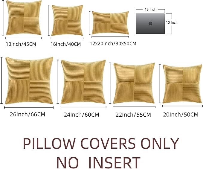Fancy Homi 2 Packs Mustard Yellow Euro Decorative Throw Pillow Covers 28x28 Inch for Couch Bed, Farmhouse Boho Home Decor, Soft Corss Corduroy Patchwork Textured Square Cushion Case 71x71 cm