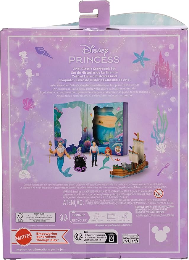 Mattel Disney Princess Toys, Ariel Mermaid Doll Story Set with 4 Small Dolls, 2 Animal Figures & 1 Accessory, Inspired by Disney The Little Mermaid