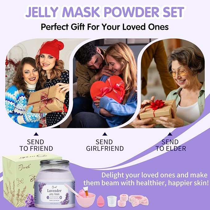 Jelly Masks for Facials Professional, Lavender Jelly Mask Powder with Mixing Bowl Set, Peel Off Hydrojelly Mask for Moisturizing, Hydrating & Nourishing, Spa Use for All Skin