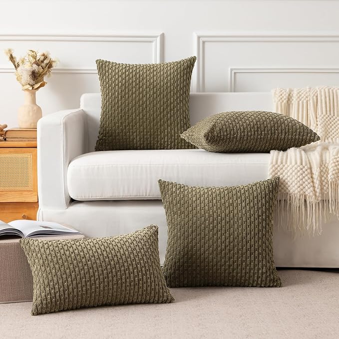 Kevin Textile Soft Corduroy 14"x24" Lumbar Pillow Cover 1 Pack, Olive Green | Boho Stripe Plush Corduroy Decorative Oblong Cushion Cover Modern Farmhouse Home Decor for Sofa Couch Bed Chair