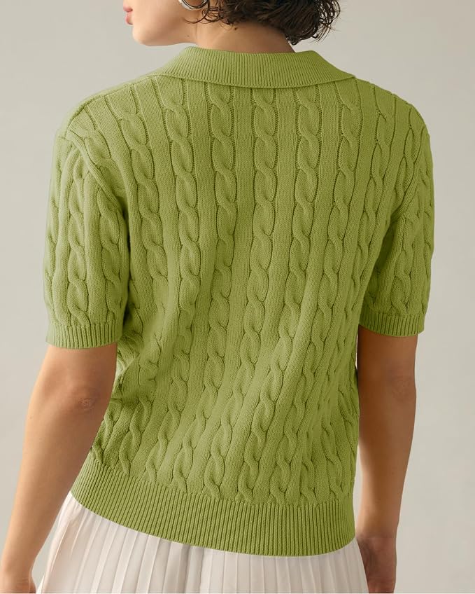 Imily Bela Womens Cable Short Sleeve Sweaters Tops Lapel V Neck Knit Shirt | Solid,Knit Casual,Soft Pullover,Fall Sweaters,Womens Summer Work Tops
