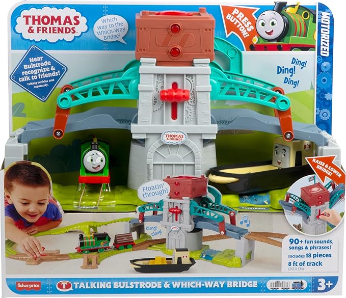 Thomas & Friends Toy Train Set Talking Bulstrode & Which-Way Bridge Track Playset with Sounds & Percy Engine for Kids Ages 3+ Years