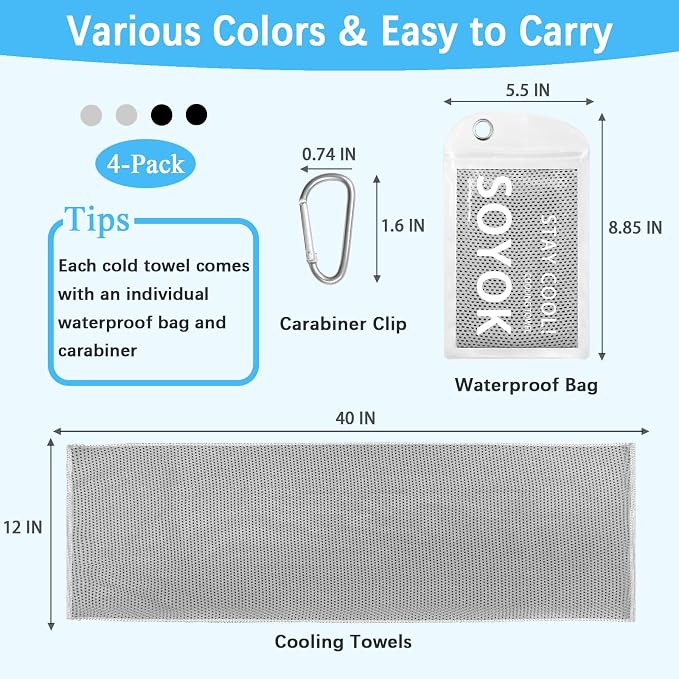 SOYOK 4 Packs Cooling Towels, 40" x 12" Microfiber Cooling Towels for Neck and Face, Soft Breathable for Working Out with Waterproof Bag & Carabiner, Suit for Running, Yoga, Climb, Travel