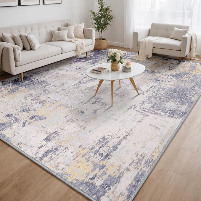 RELEANY Washable 5'x7' Abstract Area Rug for Living Room Gray Yellow | carpet for bedroom, kitchen, office, hallway and entryway, printed pattern, non-slip, soft, stain-resistant, easy to clean