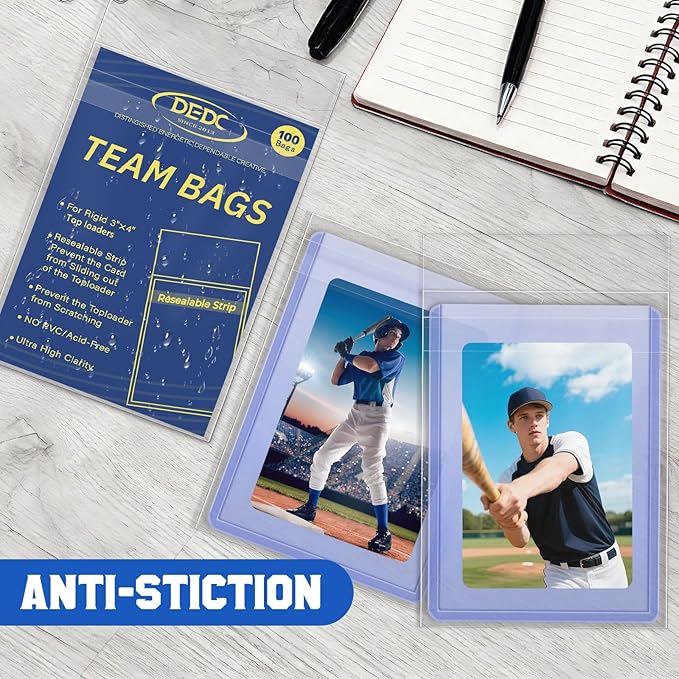 DEDC 500 Pcs Resealable Team Bags for Card Sleeves Set with Bottom Adhesive Strip Clear Cards Sleeve for Top Loaders & Raw Cards Thick Trading Card Protectors for Long-Term Storage & Display