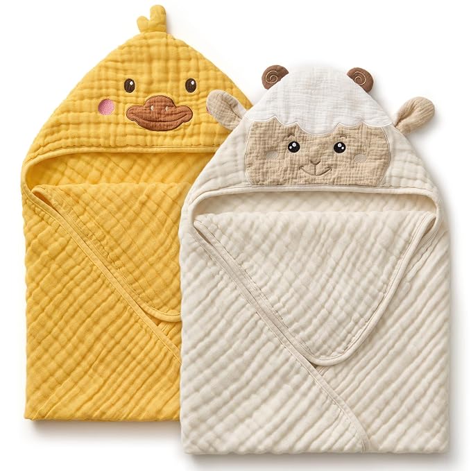Blissful Diary Muslin Baby Hooded Towel 2 Pack, Soft & Absorbent Bath Towel for Infant, Toddler, Unisex, Baby Gift, Newborn Essentials, Sunny Duck & Gentle Lamb