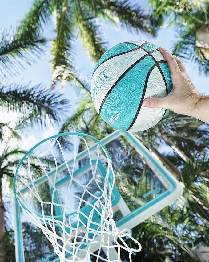 Dunn-Rite Splash & Shoot Outdoor Adjustable Height Swimming Pool Basketball Hoop w/Ball, Base, & 18 Inch Stainless Steel Rim, Made in USA, Clear