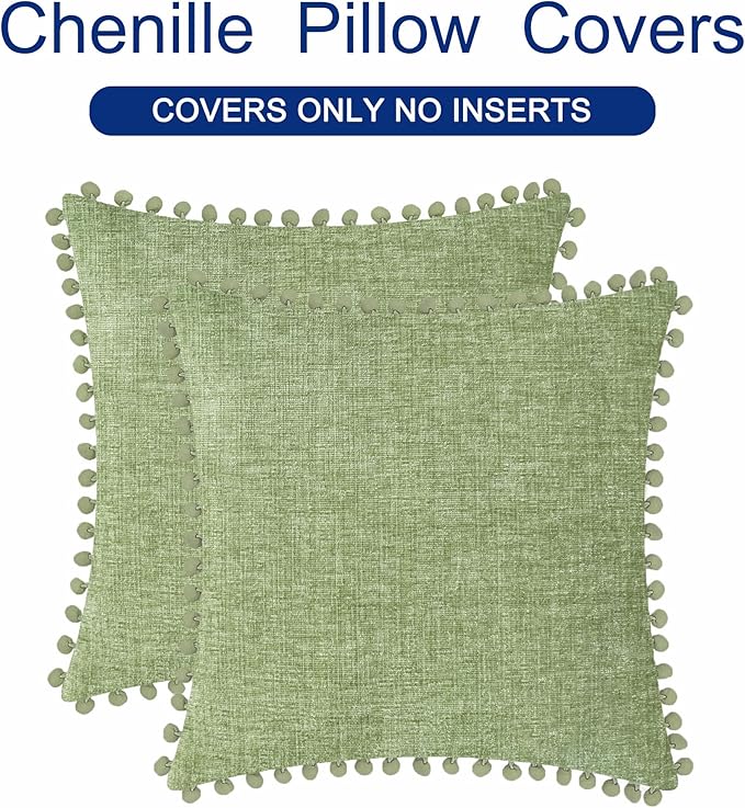 CaliTime Decorative Couch Throw Pillow Covers 16 X 16 Inches Sage | Pack of 2, Cozy Chenille Cushion Cases, with Pom Poms for Sofa Bed Living Room Farmhouse Home
