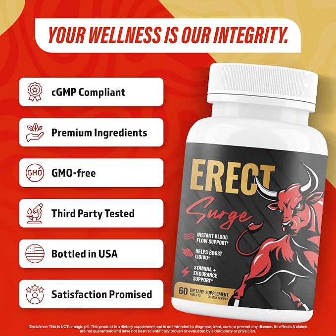 Erect SURGE™ - Supports Male Blood Flow for Performance, lntimacy, Hardness | Helps Boost Desire, Stamina & Size | 20 Ingredients for Men to Restore Confidence | 3rd Party Tested - 60 Pills