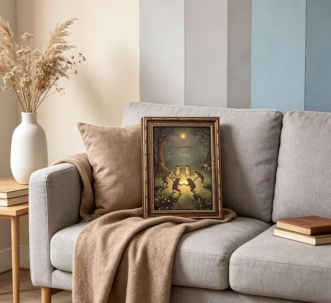 Vintage Gold Framed Frog Wall Art,Frogs Dancing in Moonlight Forest Painting Canvas Prints,Whimsical Animal Wall Decor,Retro Country Toad Poster Artwork,for Corridor Living room Bedroom Kitchen