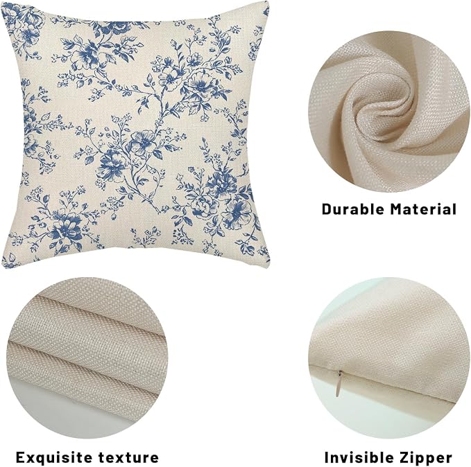 Blue and Cream Flower Pillow Covers 18x18 Set of 2 Chinoiserie Floral Decorative Throw Pillows Vintage Toile Flower Pillowcase Linen Outdoor Farmhouse Cushion Cover for Couch Sofa Decor