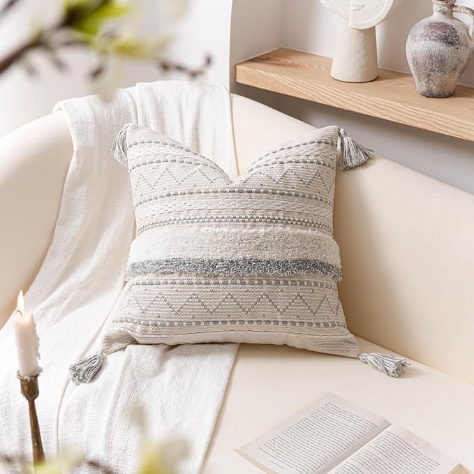 Gray Decorative Throw Pillow Covers 18X18 Combo Set of 2 Square Boho Neutral Grey Accent Pillowcase Tassels Farmhouse Cushion for Couch Sofa Bedroom Living Room Home Décor Cover ONLY