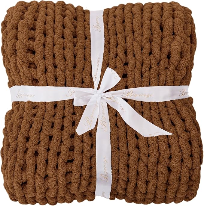 Bigacogo Chunky Knit Throw Blanket for Couch, 40x40 inches, Caramel | Hand Knit with Jumbo Chenille, Soft Breathable Cable Knit for Sofa Bed Living Room, Machine Washable, Gift for Mom Friend