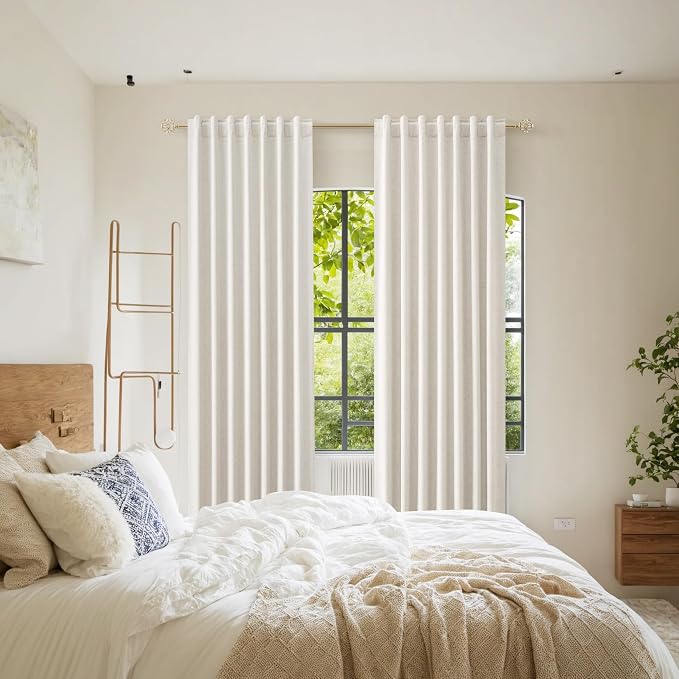 Beige White 100% Blackout Linen Curtains 104 Inch Length 2 Panels Set for Living Room Bedroom Back Tab Thermal Insulated Black Out Drapes Room Darkening Farmhouse Style for Bedroom Window Curtains