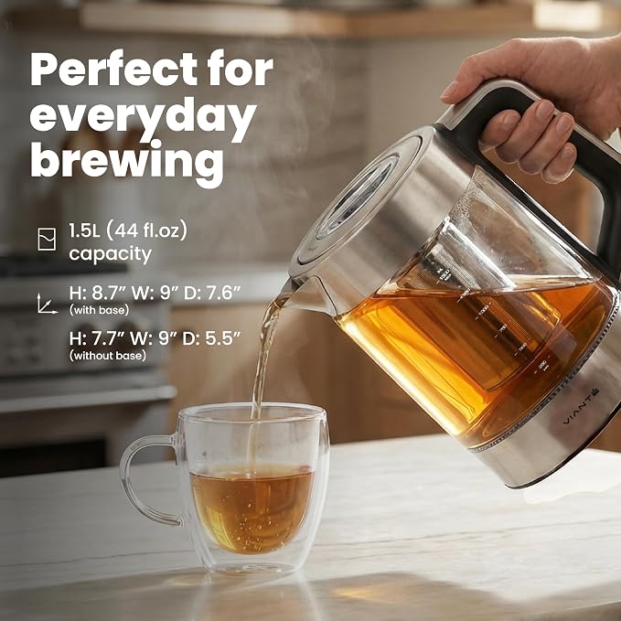 Viante Alba Electric Tea Kettle with Infuser, No Plastic In Contact With Water, 1.5L Borosilicate Glass, 304 Stainless Steel, 4 Temperature Presets, Keep Warm, Cordless, Auto Shut-Off