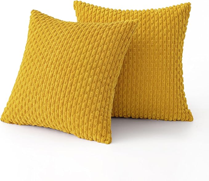 MIULEE Decorative Throw Pillow Covers 18x18 Yellow Textured Corduroy | Pack of 2 Striped Pillow Covers Modern Farmhouse Home Decor for Couch Bed Sofa Living Room