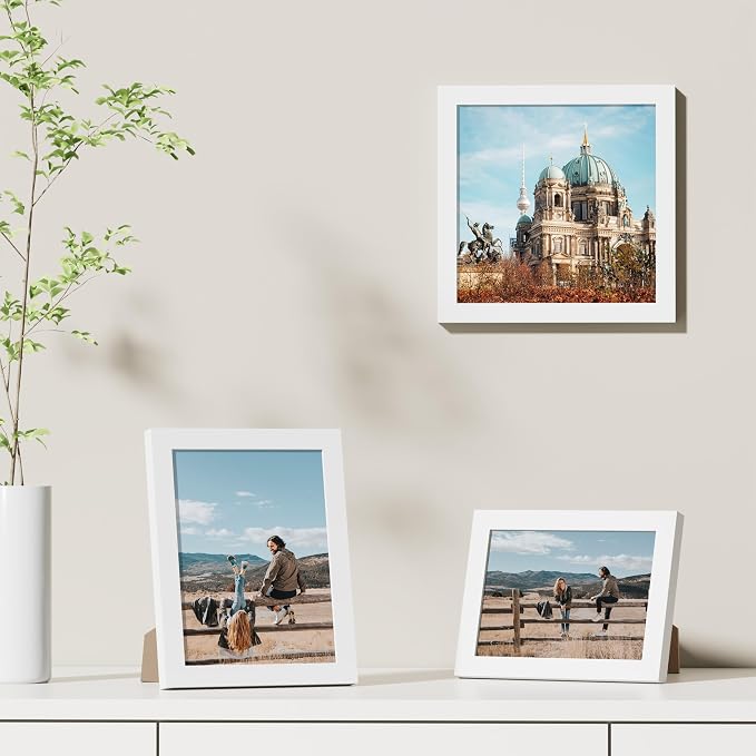 Vittanly 8x8 Picture Frames Set of 9 for Wall or Tabletop Display, White | Display Pictures 4x4 with Mat or 8x8 without Mat for Wall Mounting, Square Photo Frames for Home Decor, Engineered Wood