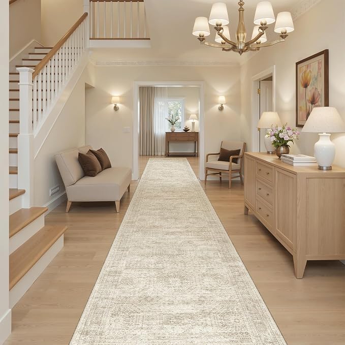 Soalmost Hallway Runner Rug 2'6" x 14' Washable Long Kitchen Rugs Beige | Non-Slip Vintage Runners 2.5x14ft for Bathroom Entryway, Thin Low-Pile Foldable 14 ft Floor Carpet Mat for Corridor Bedroom