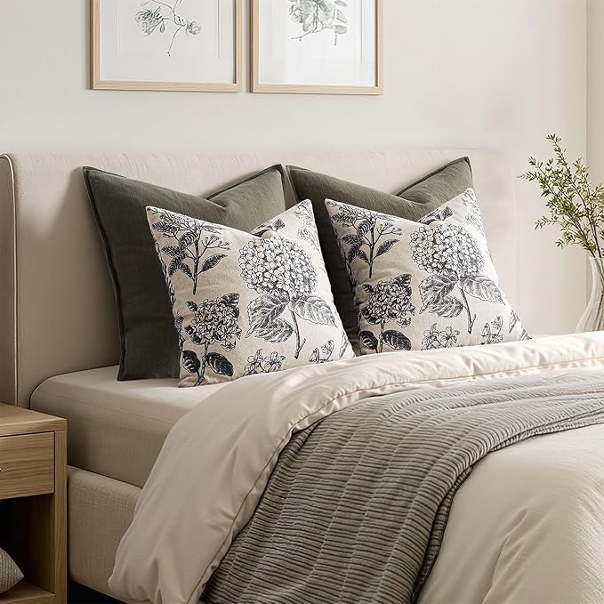 Set of 2 Decorative Floral Pillow Covers 22x22 Inch Black | Neutral Hydrangea Print, Boho Vintage Throw Cushion Covers, Cottagecore Home Decor, for Sofa Couch Porch Bedroom Living Room