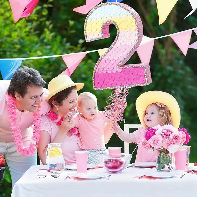 WERNNSAI Pink Sweet Two Pinata - Number 2 Pinata Happy Birthday Decoration Pink Rainbow Design Party Games for Girl Princess Baby Shower Party Favor with Blindfold Anniversary Celebration Supplies