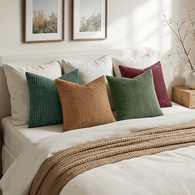 MIULEE Soft Corduroy Decorative Throw Pillow Covers Christmas Green 18x18 | Set of 4, Mordern Nordic Christmas Decor, Green Red Accent Set, Boho Farmhouse Cushion Covers for Couch Bed Sofa Living Room