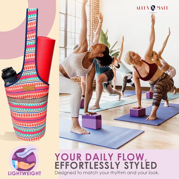 ALLEN & MATE 100% Cotton Canvas Yoga Mat Bag - Shoulder Strap Carrier Large Size Pocket Zipper Storage Yoga Bag holds more Accessories & Pilates Mats